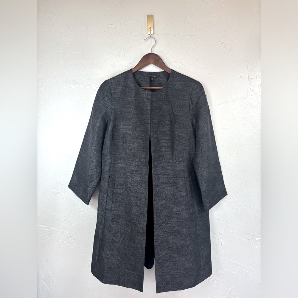 EILEEN FISHER Iridescent Grain Jacquard Coat Open Front Jacket Long Silk Linen‎
